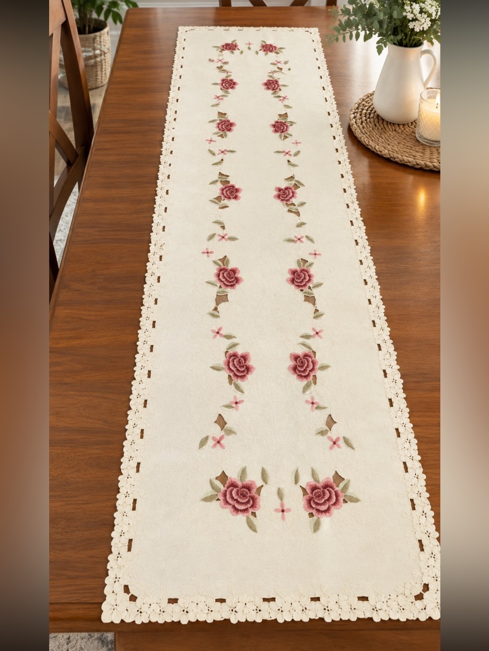 Table Runner- Rose Floral Embroidered Runner 52 inches Long